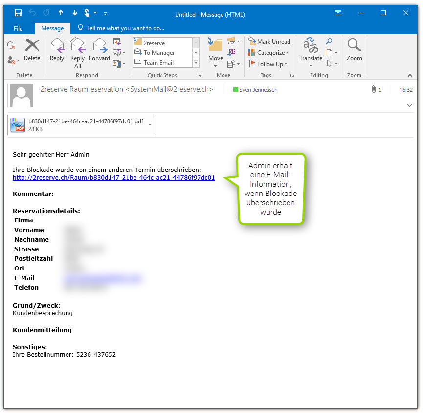 Info an Admin bei überschriebener Buchung